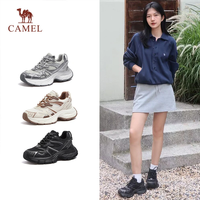 骆驼女鞋2025秋季新款厚底银色老爹鞋百搭运动鞋增高跑步休闲鞋防