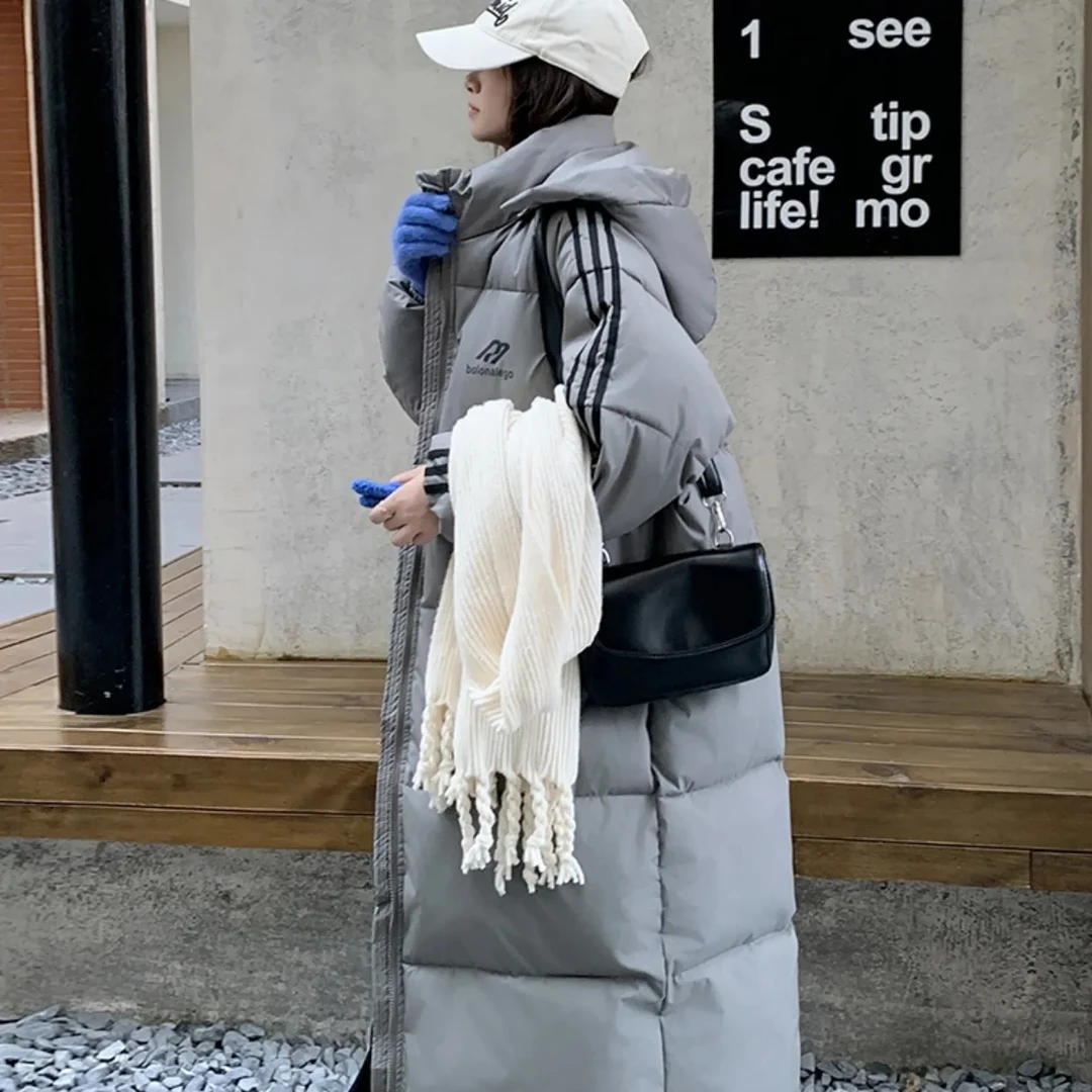 2024新款3条杠棉服女长款过膝加厚韩版ins宽松运动风冬装外套潮