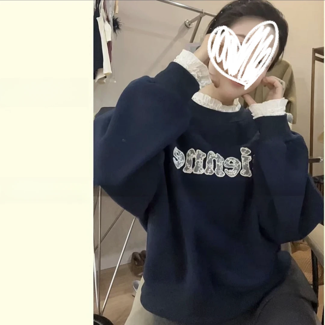 拼接蕾丝加绒加厚刺绣卫衣-8822