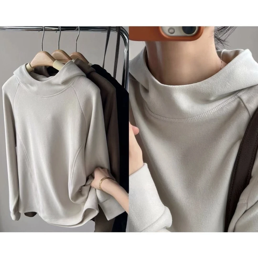 R 半高领连帽打底衫T恤卫衣女 2025新款8054