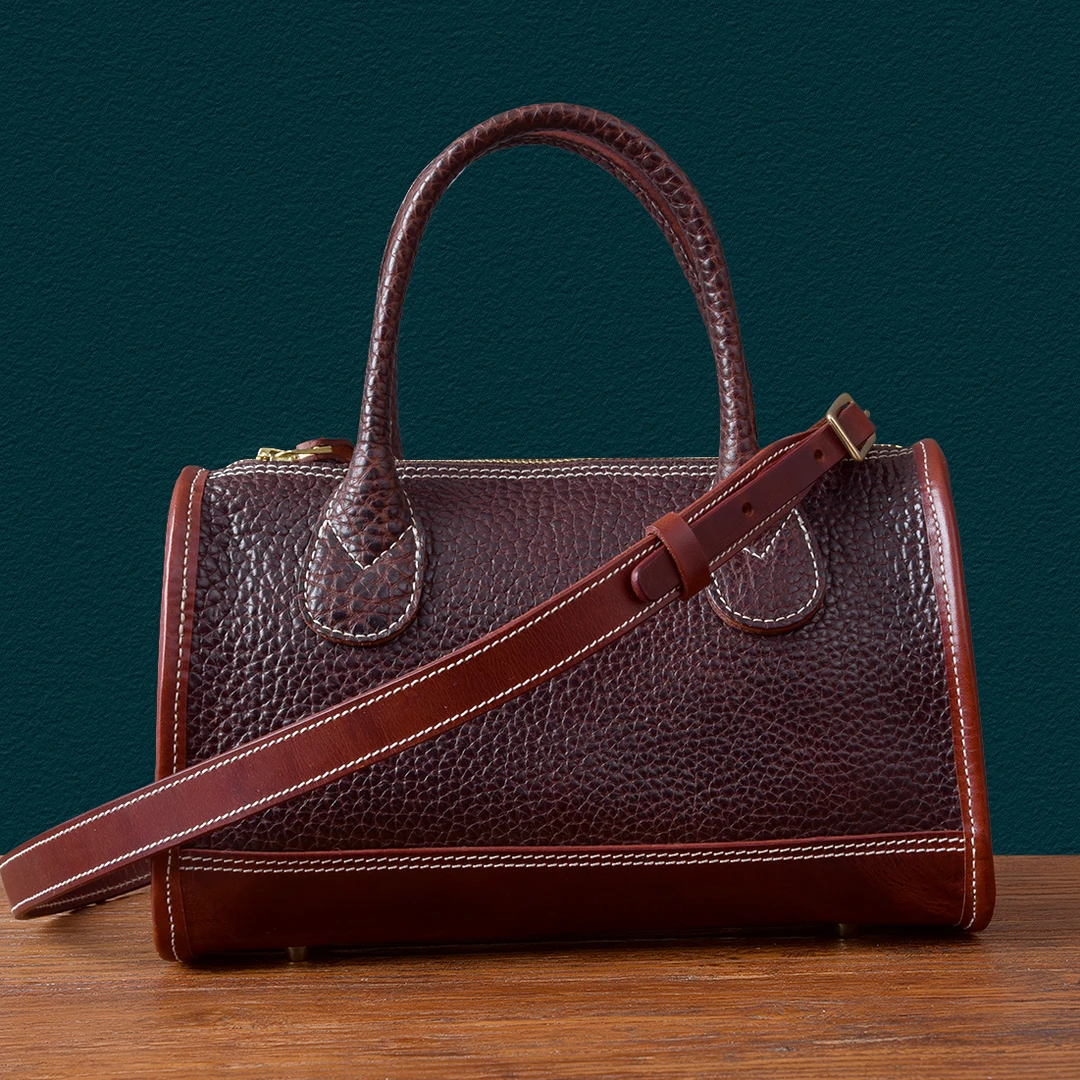 二十四街 复古厚牛皮大肌理女士多功能手提斜挎包真皮高端包包