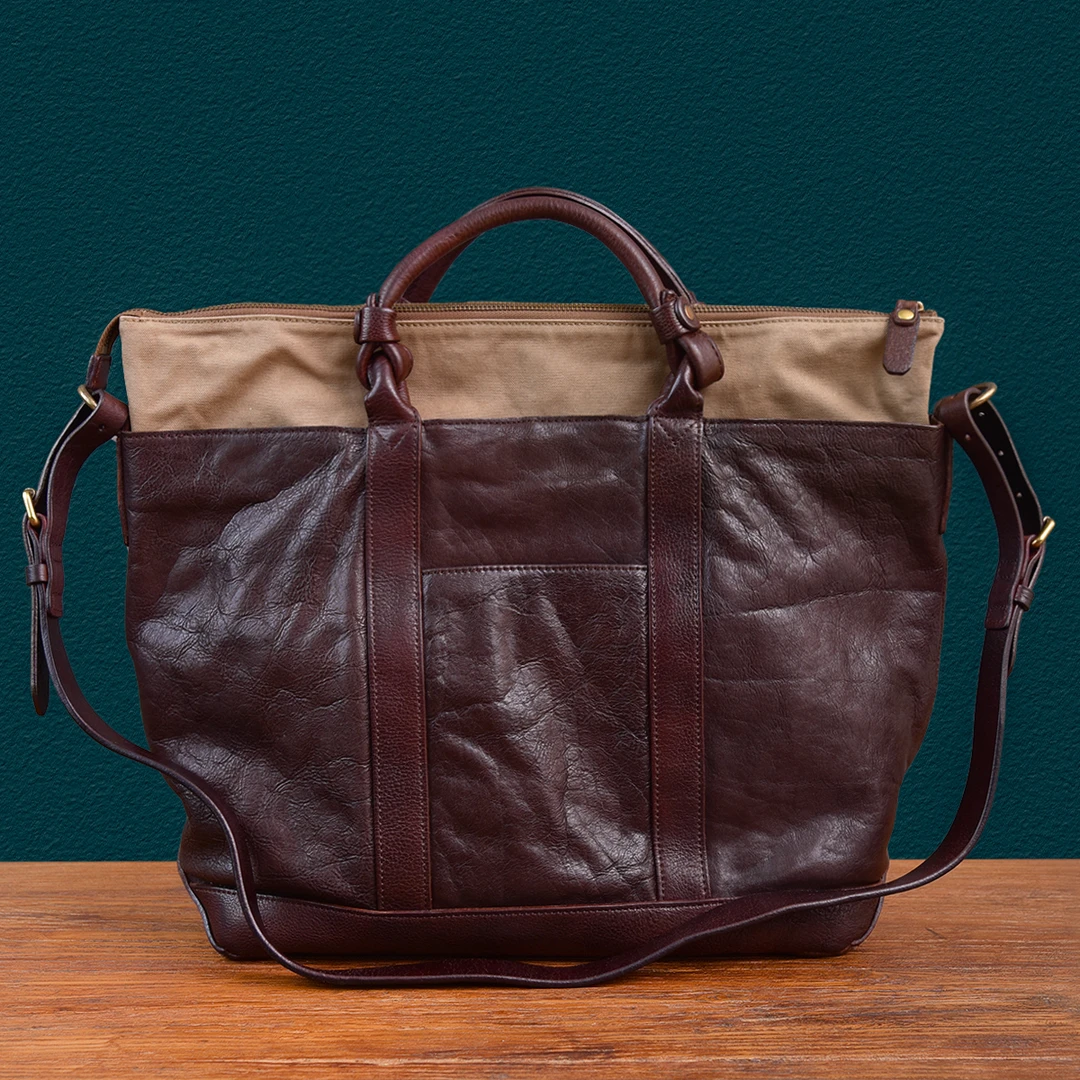 二十四街  复古日系大容量高端油蜡植鞣牛皮斜挎托特包手提公文包