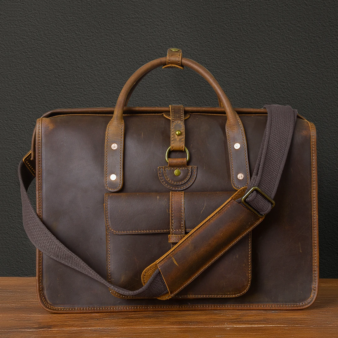 二十四街新款复古英伦风厚牛皮旅行手袋真皮小众款疯马手提旅行包