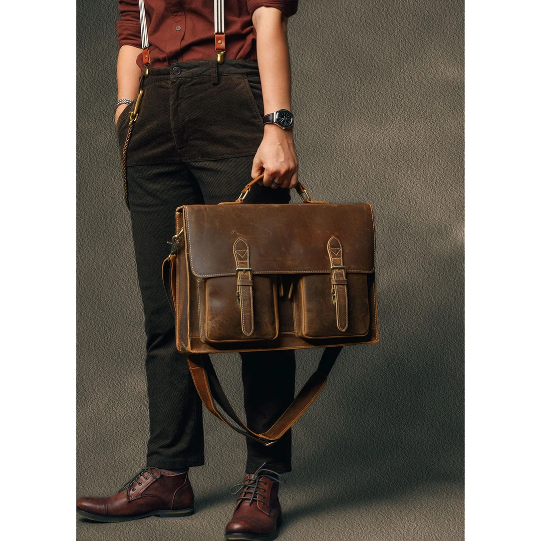 二十四街复古牛皮15.6寸电脑包短途出差手提包疯马牛皮大号邮差包