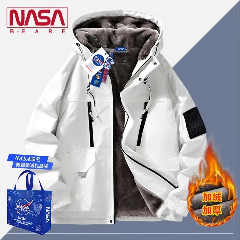 NASA联名2024春秋连帽男士秋冬款加绒夹克外套冲锋衣休闲风衣工装