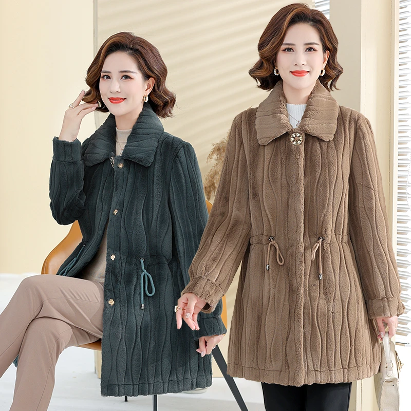 妈妈冬装外套2022新款阔太太中长款水貂绒大衣中老年女装加厚棉服