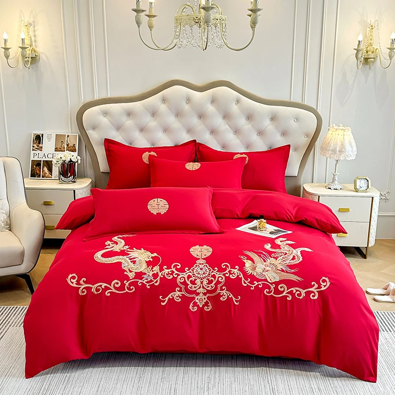 中式婚庆四件套大红色刺绣喜庆床上用品婚房绣花喜被结婚新婚磨毛