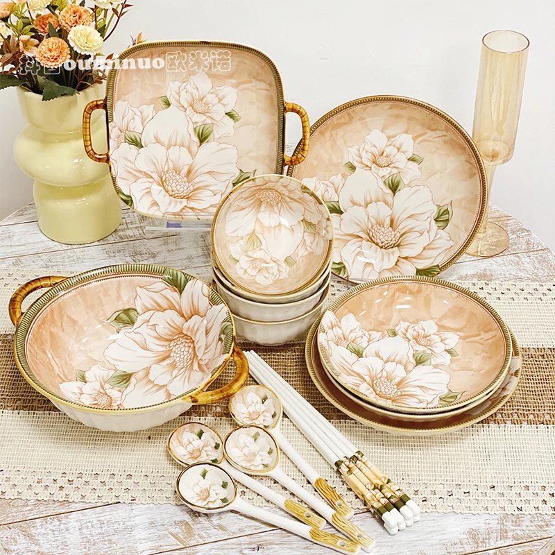 【山茶花网红18件套-N】轻奢陶瓷餐盘高级感餐具复古盘碟家用中式