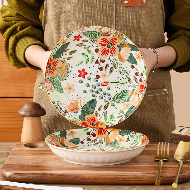 【七彩云朵】网红餐具家用8英寸盘子陶瓷复古菜盘深盘釉下彩轻奢