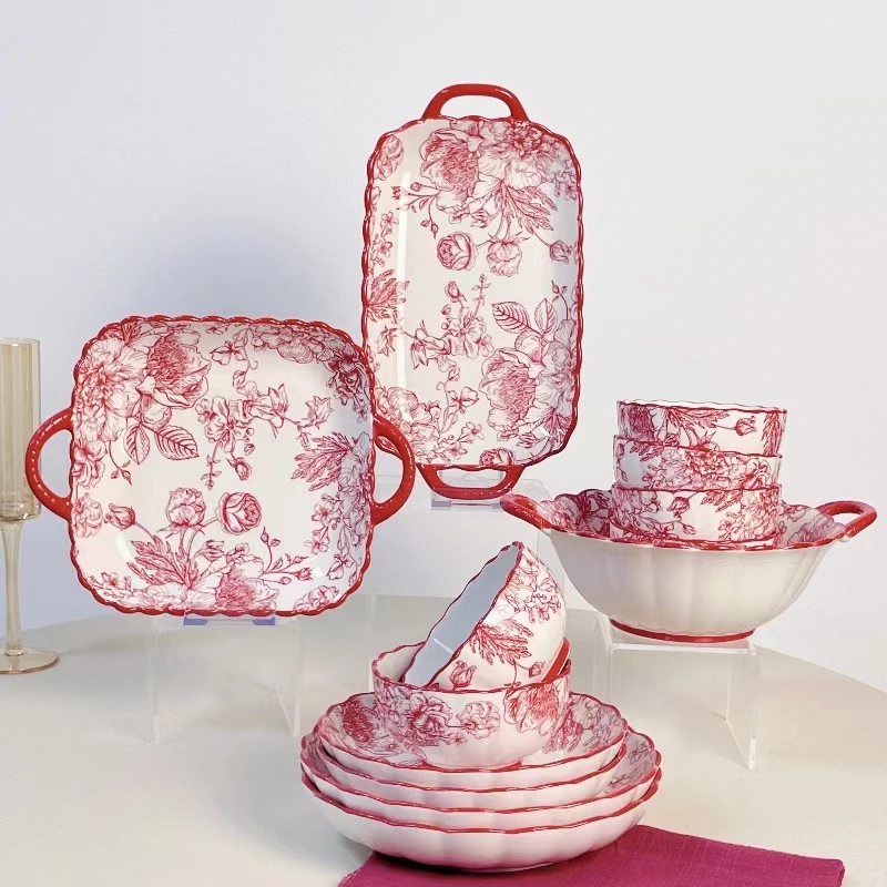 【玫瑰假日13件套】复古大气碗碟套装釉下彩新款餐具高颜值碗盘