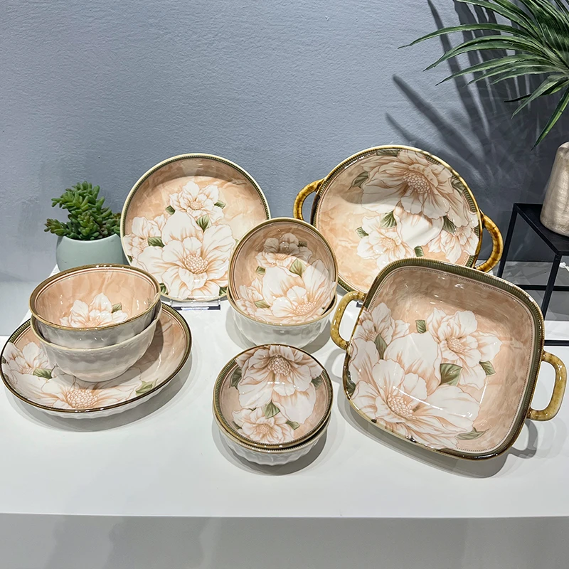 【山茶花12件套】家用碗盘陶瓷釉下彩餐具套装高颜值复古轻奢米饭碗