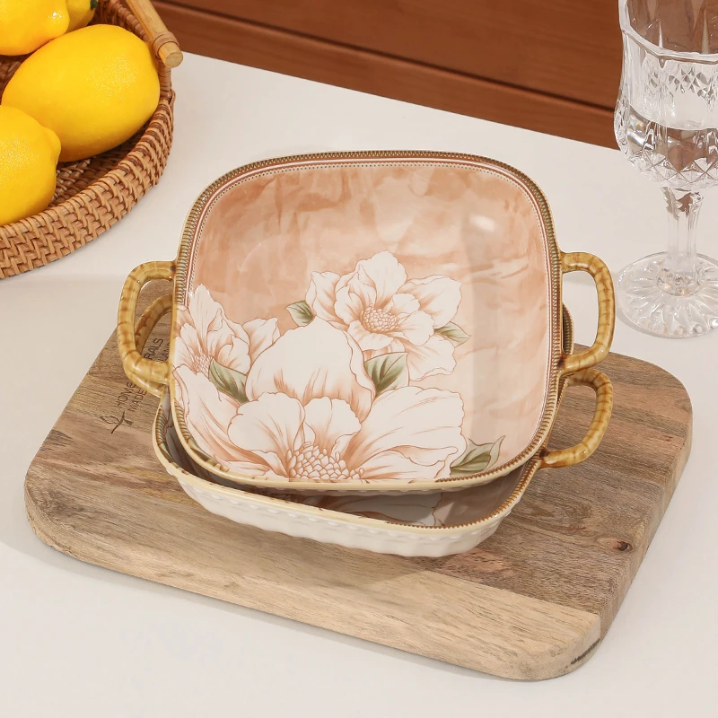 【山茶花.】9英寸双耳方盘复古网红轻奢餐具新款家用高级防烫实用