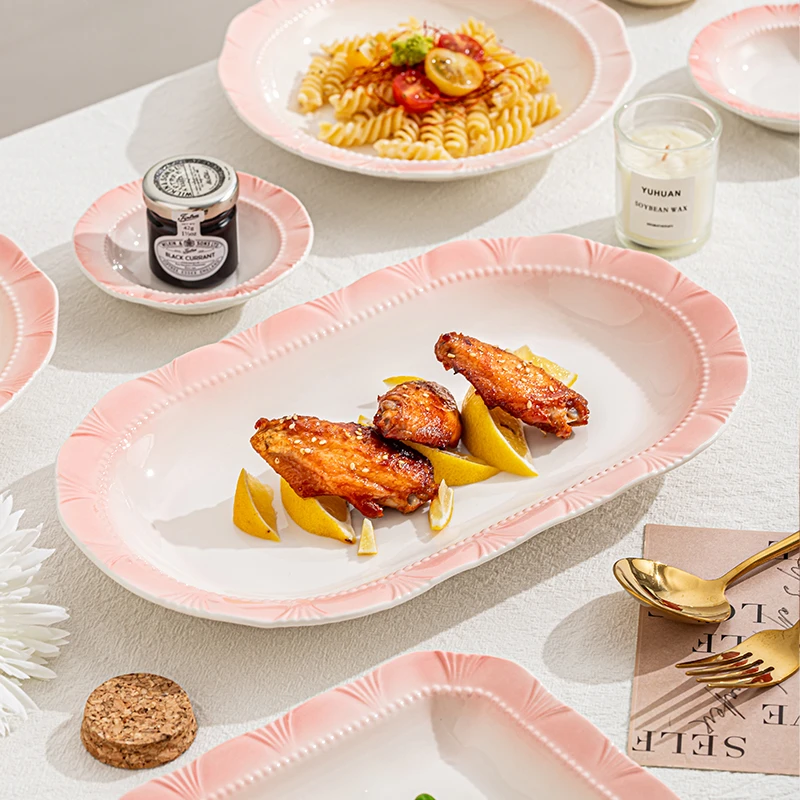 【优雅渐变粉】12.5英寸鱼盘家用餐盘平盘陶瓷釉下彩