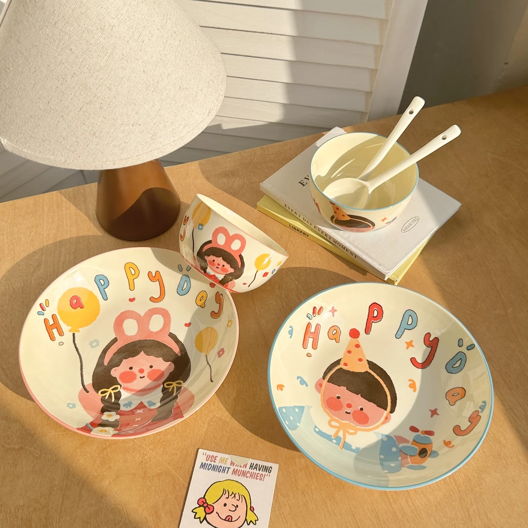 aa[家有儿女]6件套-4.5英寸饭碗加盘子加勺家用可爱餐具高颜值