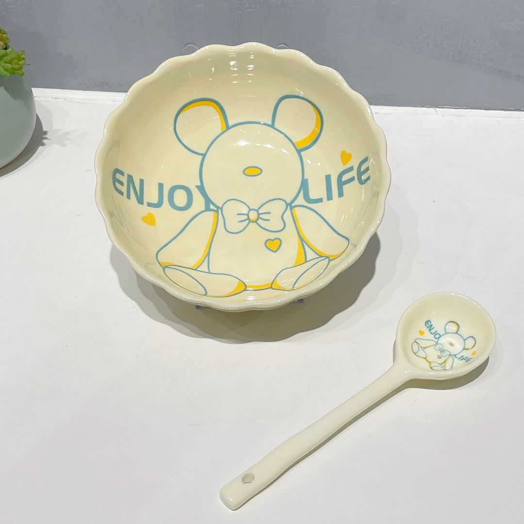 【酷酷熊】陶瓷可爱沙拉碗甜品碗蒸蛋碗勺子组合少女心釉下彩创意