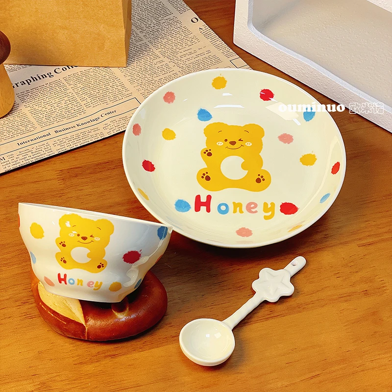 【波点萌熊】3件套可爱米饭碗盘子组合家用餐盘陶瓷釉下彩工艺菜盘