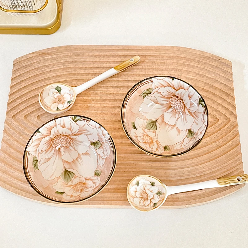 【山茶花2碗2勺.】家用碗勺套装4.5英寸吃饭碗陶瓷釉下彩高颜值