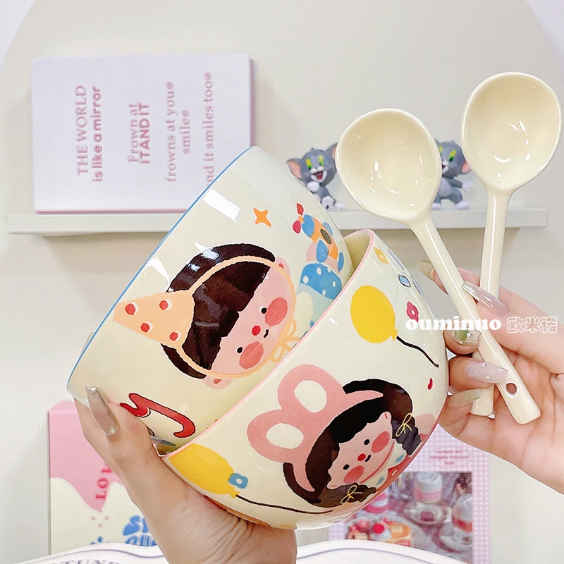 【家有儿女面碗集合】陶瓷6英寸面碗2碗2勺家用可爱碗餐具专用