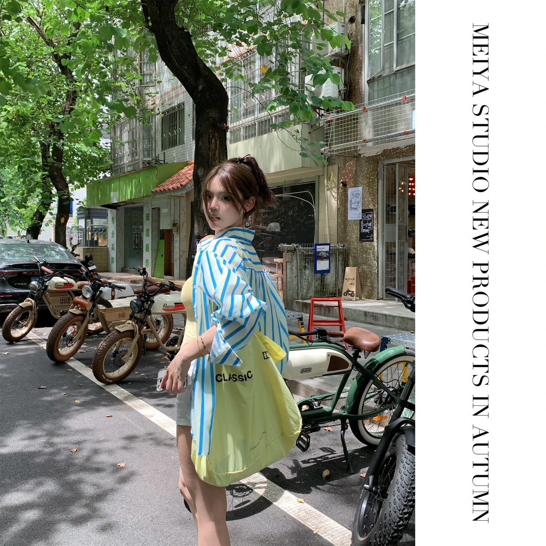 WSMY衬衫衬衣洋气夏季小众宽松中长款韩版设计感条纹印花防晒上衣