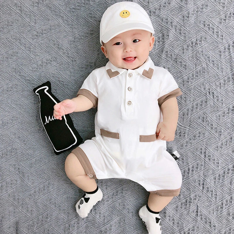 婴儿夏季短袖连体衣棒球服男女薄款纯棉半袖哈衣套头背带网红爬服