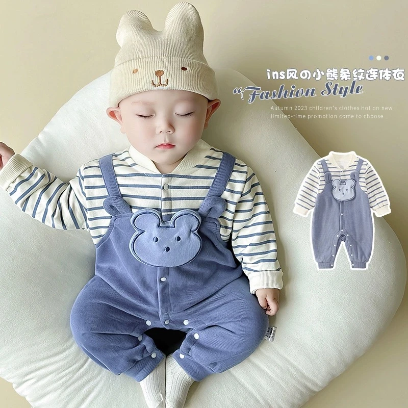 网红婴儿春秋连体衣儿童外穿宝宝衣服长袖假俩件洋气外套韩式爬服