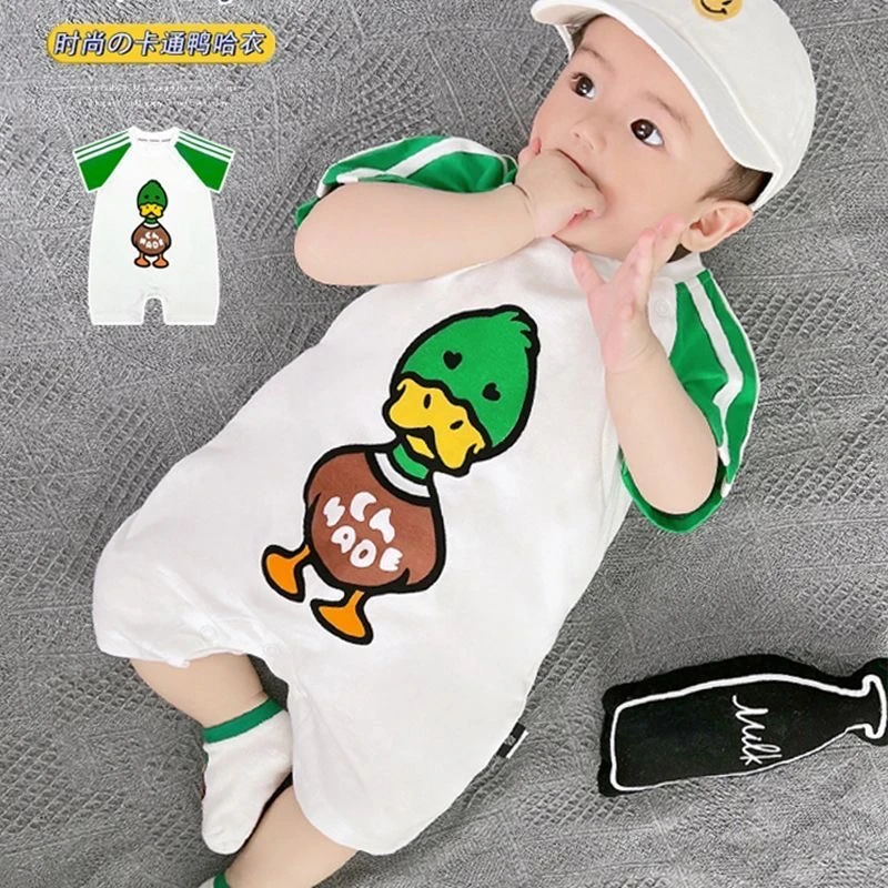 儿童网红洋气纯棉时尚宝宝半袖夏天婴儿新生儿韩版卡通连体衣爬服