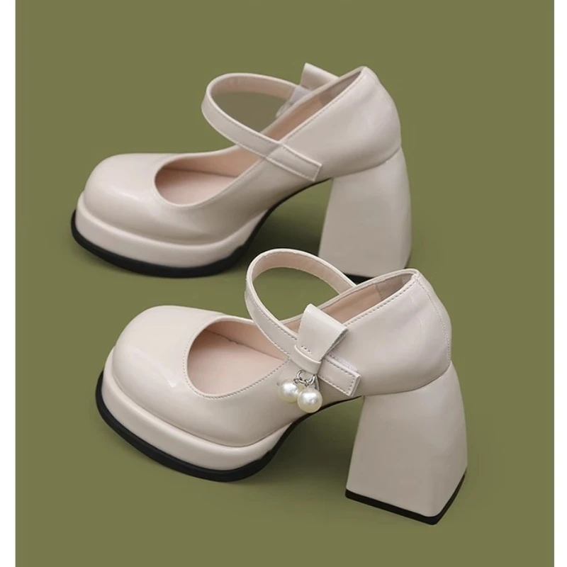 远森 高跟鞋2025年夏季新款小众粗跟时尚法式厚底百搭珍珠蝴蝶结