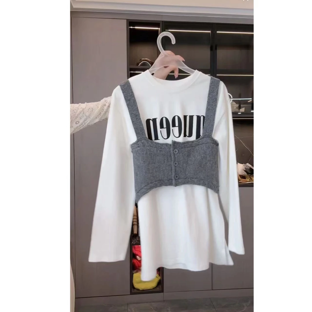 睿夕【雨下纪事】纽扣针织吊带马甲+字母打底两件套