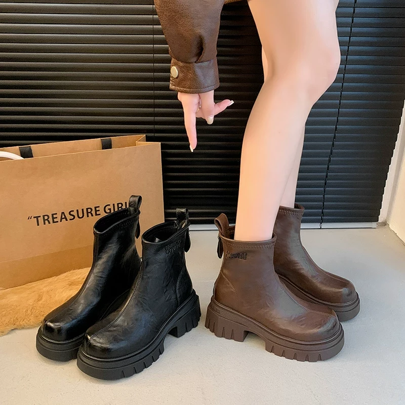 厚底英伦风时尚百搭新款秋冬季后拉链粗跟短靴S3668-2(加绒)