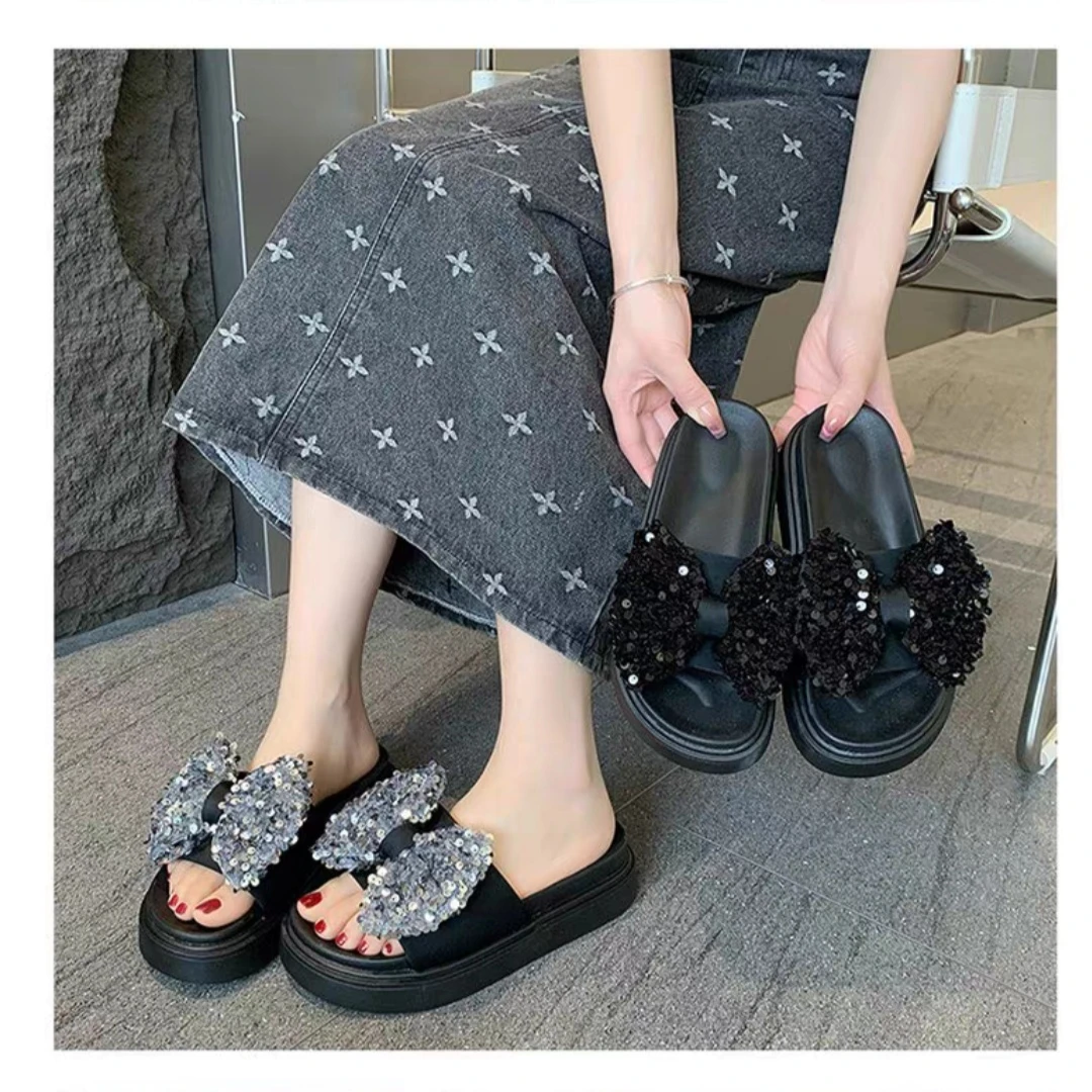 夏季蝴蝶结时尚松糕女外穿百搭ins厚底一字拖鞋6029