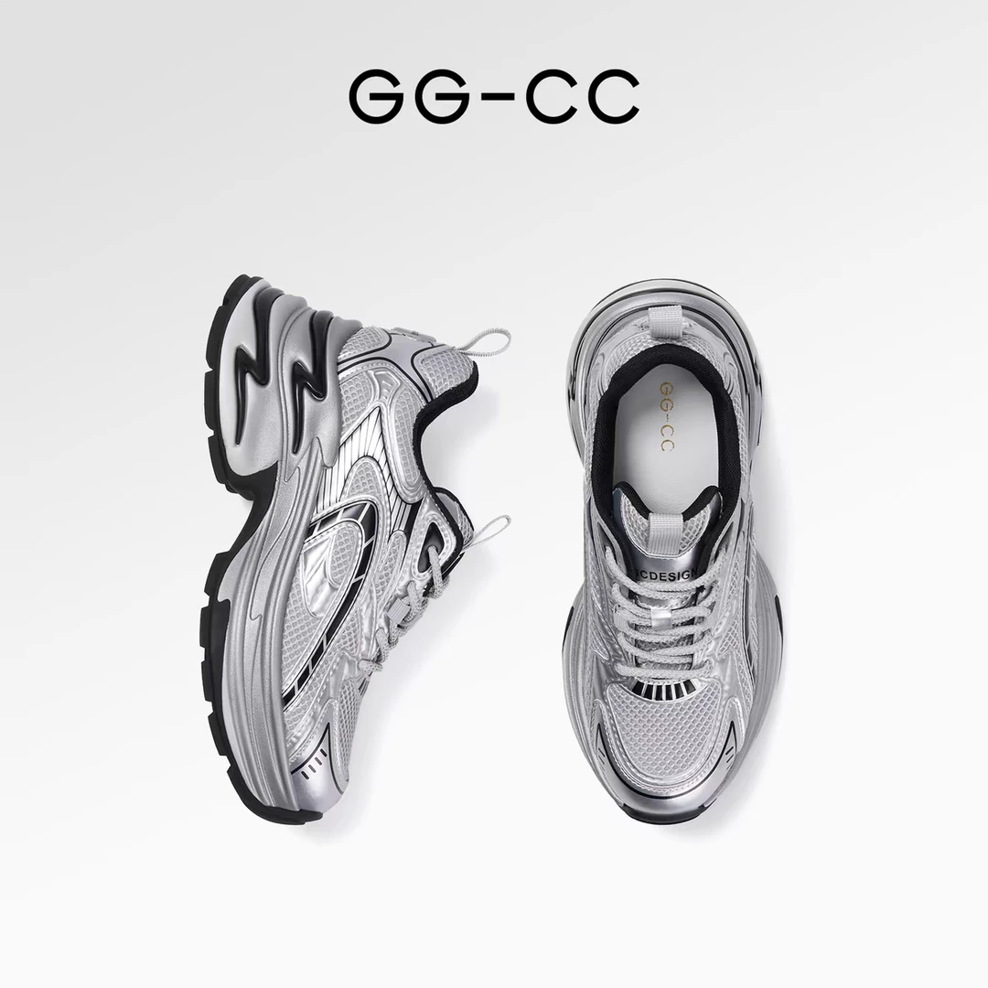 【直播秒杀】GGCC2025年春季新品时尚厚底老爹鞋银色运动休闲女鞋