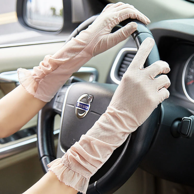 冰丝防晒手套女夏防紫外线中长开车电动车防滑蕾丝超薄款透气触屏