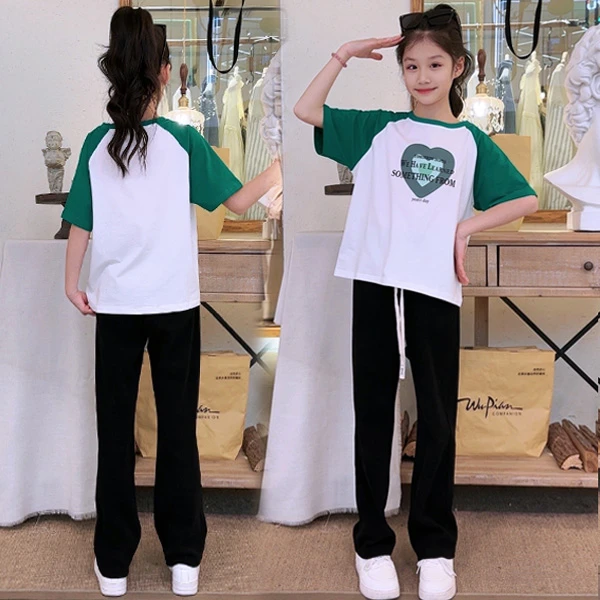 女童短袖T恤2025夏季新款韩版宽松中大童上衣女孩阔腿裤两件套潮