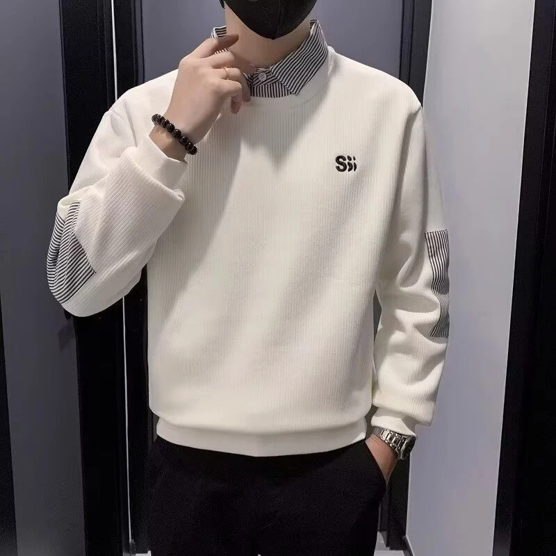 流行假两件卫衣男潮牌2025秋冬新款拼接条纹衬衫领男士加绒打底衫