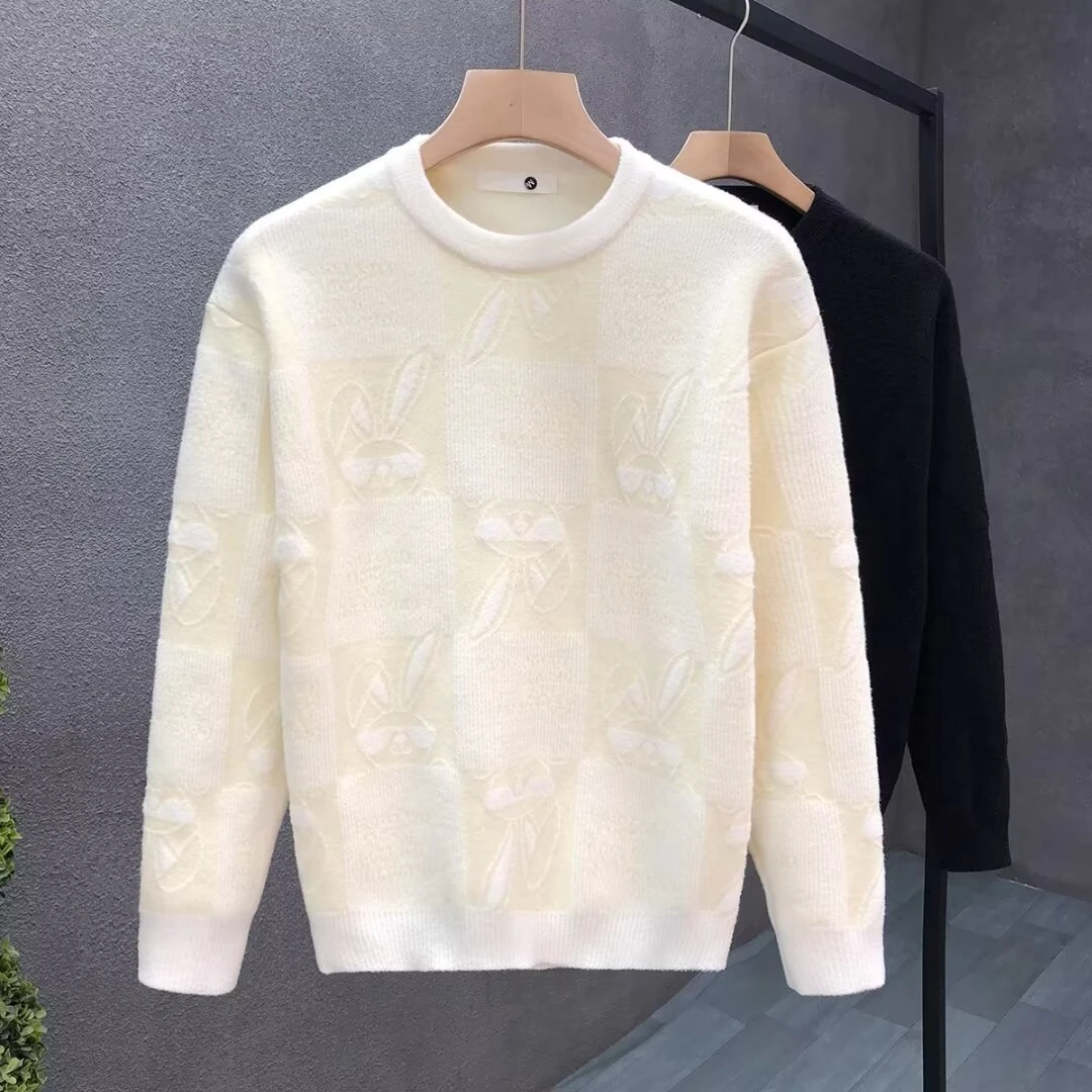高级感潮牌圆领针织衫男士秋冬季新款设计感小兔提花内搭毛衣纯色