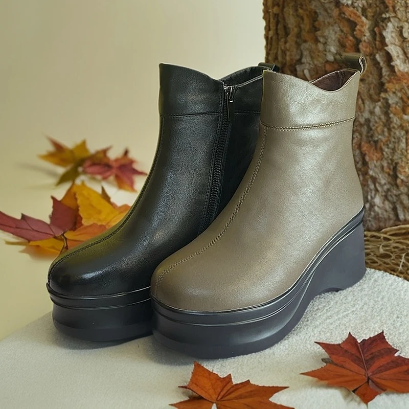 【ALHAS 女鞋】时尚百搭休闲真皮坡跟厚底冬季女靴 【10231-7】