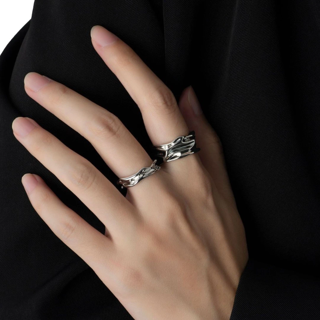 铜合金戒指 溶液套戒 男生复古小众指环褶皱纹理开口戒指潮流配饰