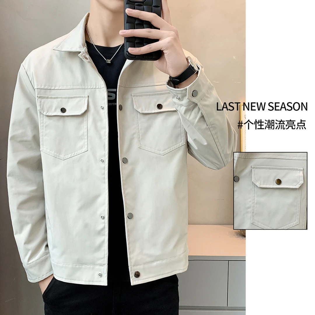 2023外套男春秋新款个性翻领工装夹克潮流男装帅气百搭衬衫式上衣