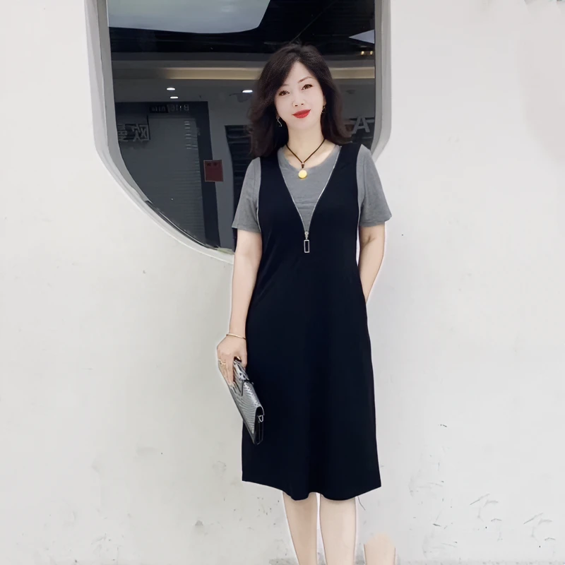 夏季2024气质时尚显瘦假两件中长款短袖连衣裙遮肚收腰拼接裙子女