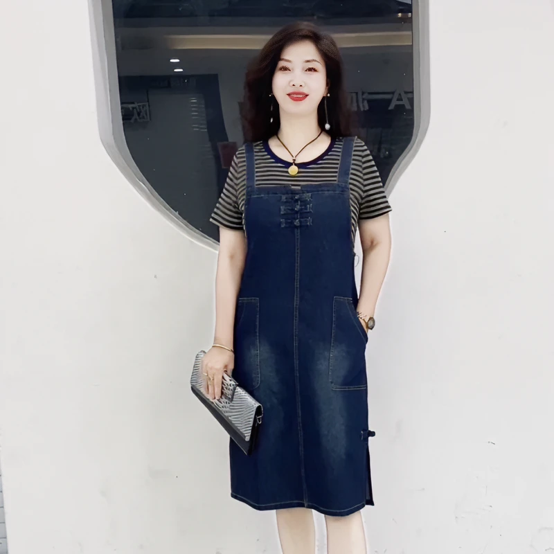 2025夏季轻薄休闲假两件牛仔连衣裙大码显瘦减龄背带裙新国风裙女