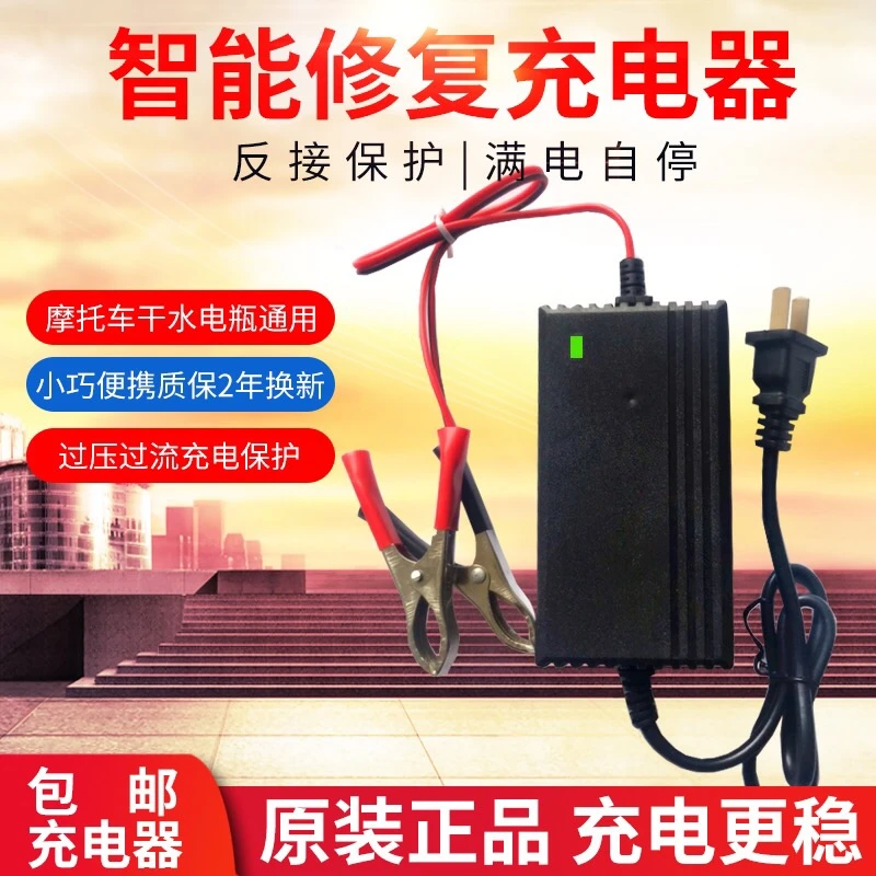 智能12V踏板摩托车电瓶充电器12/20AH蓄电池修复充电机干水通用型