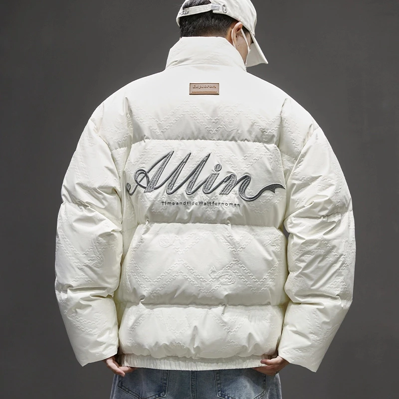 白鸭绒羽绒服男冬季白色潮牌加厚保暖立领外套宽松男士潮流面包服