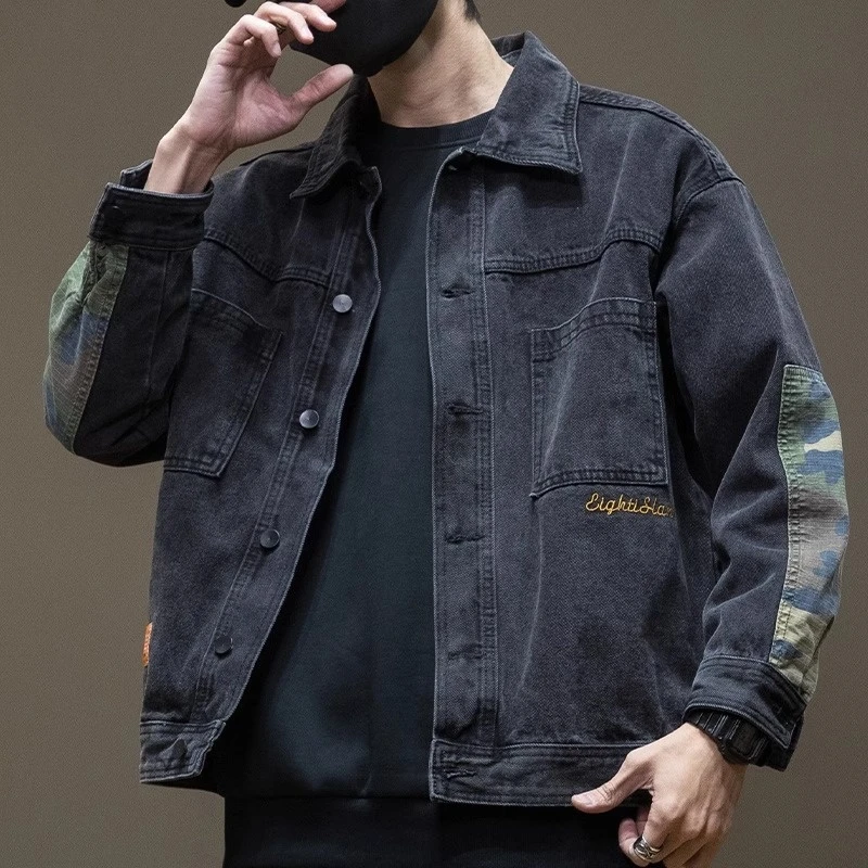 春秋牛仔外套男迷彩拼接撞色秋季新款牛仔衣男士宽松加大加厚夹克