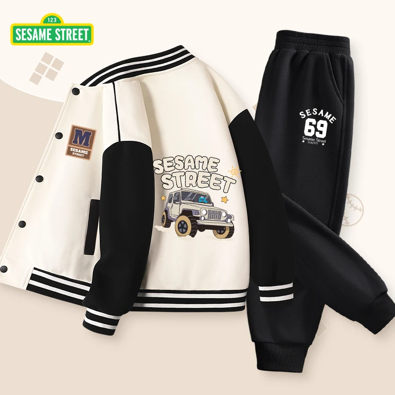 芝麻街初秋男童套装新款早秋儿童棒球服卡通印花男大童裤子春秋款