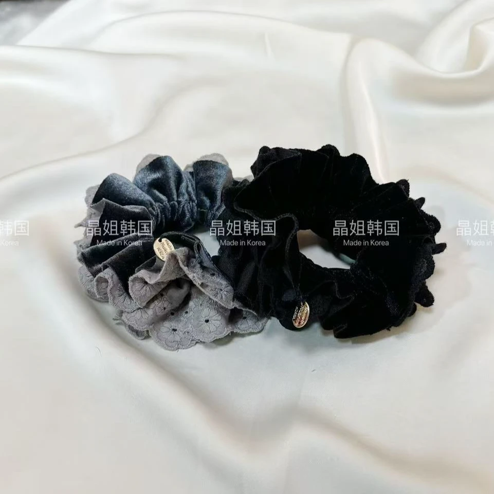 东大门 秋冬新款小香风网纱纯色木耳边丝绒金标大肠圈 2432