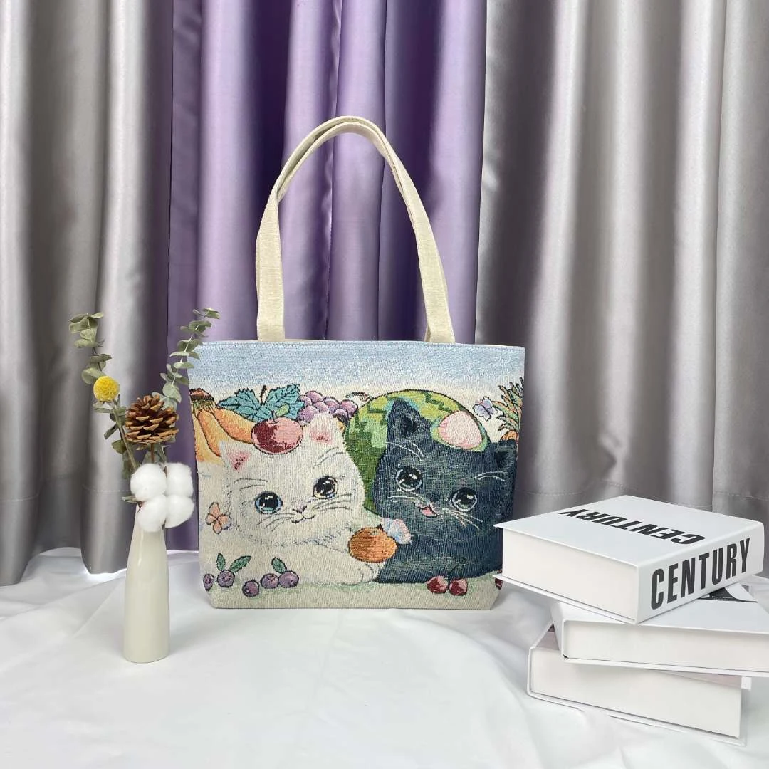 人气爆款【中号 水果猫咪】30*38CM提花刺绣双面两只猫咪通勤帆布包