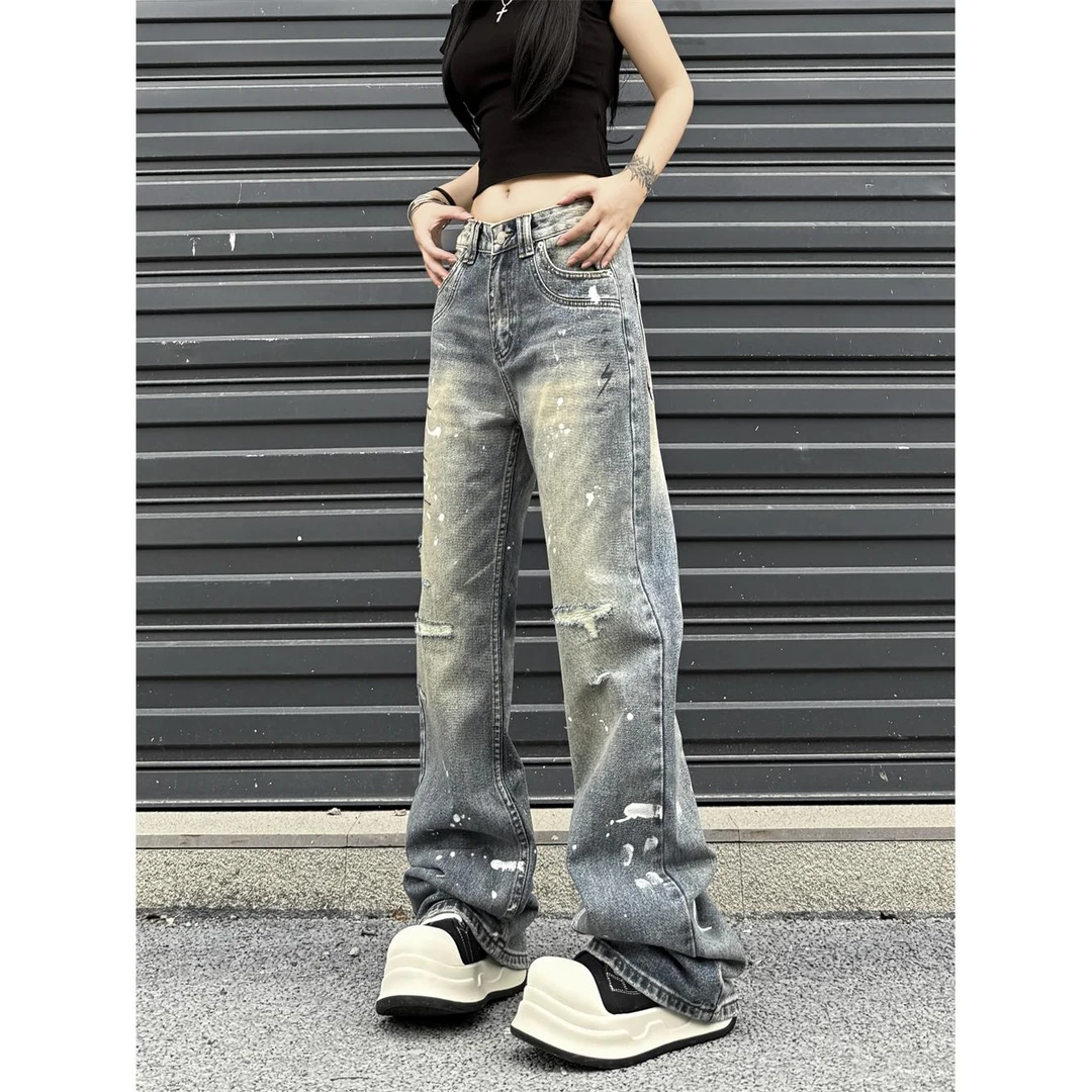 RETEL美式复古街头破洞泼墨水洗牛仔裤男女做旧直筒ins微喇叭长裤