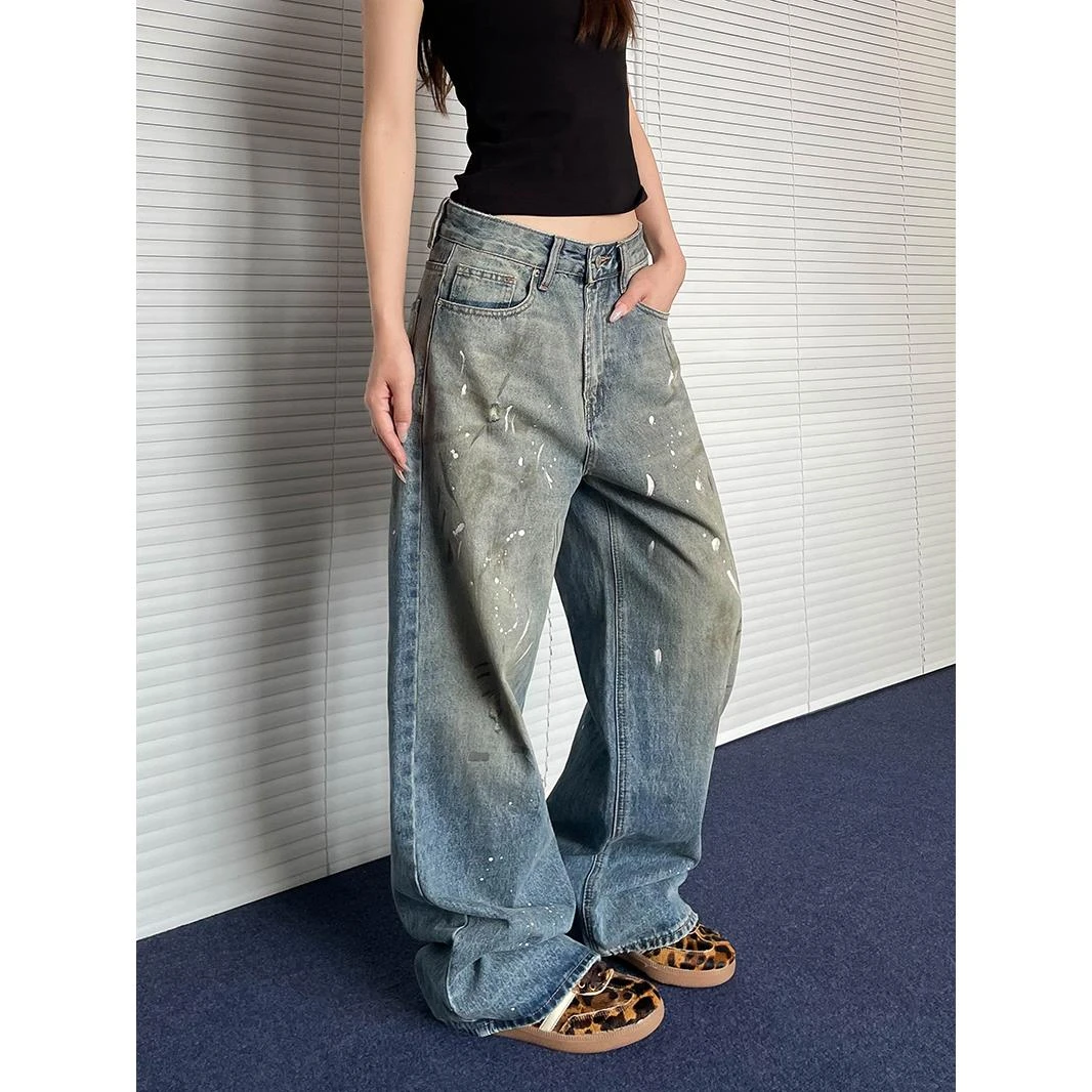 RETEL美式复古脏旧泼墨设计感牛仔裤女高街宽松直筒堆积感裤子潮