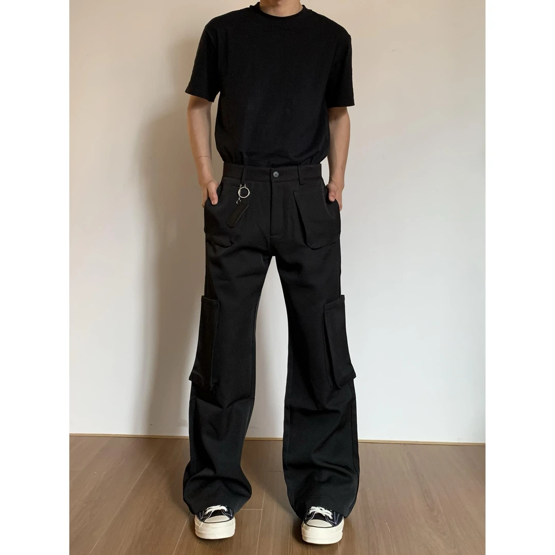 RETEL美式高街vibe黑色大口袋宽松直筒微喇工装裤男女休闲裤子潮