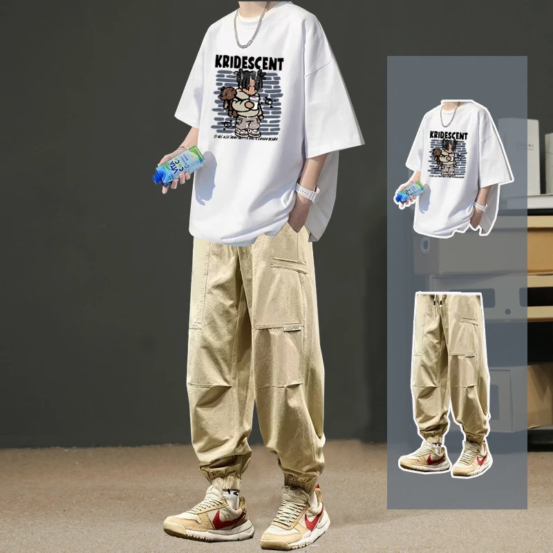 日系短袖套装男潮流夏季宽松薄款青少年T恤搭配机能风工装裤男装